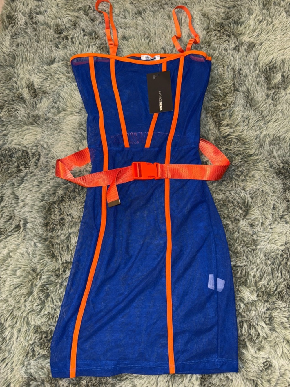 Fashion Nova Royal Blue Mesh Dress with Orange Trim and Belt